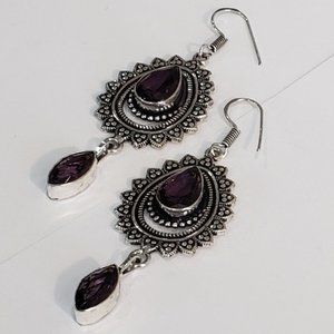 Beautiful Handmade Amethyst Gem 925 Vintage Antique Dangle Earrings